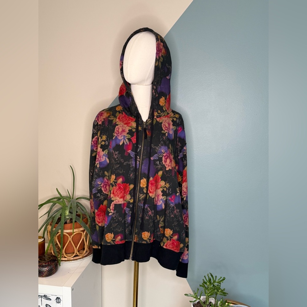 Johnny Was Los Angeles Floral Zip Hoodie XXL Black Cotton Stretch Boho Artsy - Picture 2 of 13